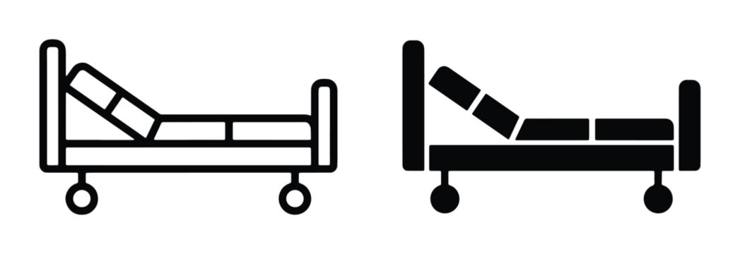 Hospital bed icons in outline and solid styles, adjustable medical clinic gurney vector set, healthcare equipment symbols for patient care and nursing
