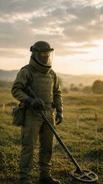 Deminer in bomb suit searching for landmines in field. Professional soldier wearing protective armor gear with metal detector. Hazard removal, military safety and post-war land clearance operation