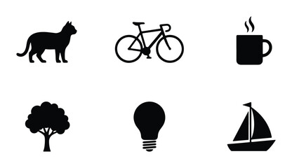Minimalist black silhouette icon set, 6 lifestyle vector elements including cat, bicycle, coffee mug, tree, lightbulb, and sailboat symbols © Farjana