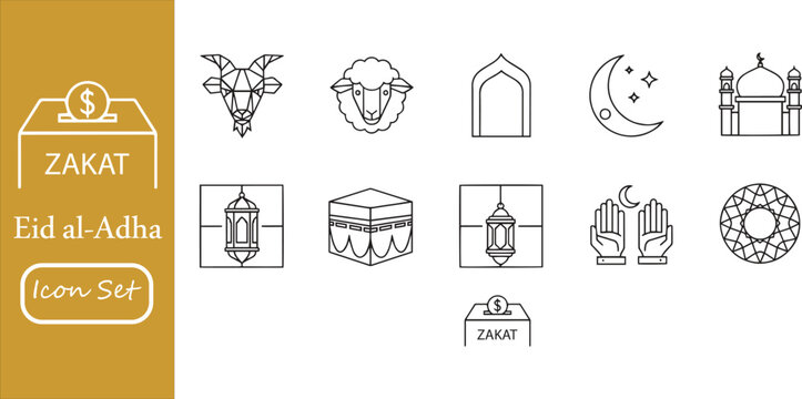 Eid al-Adha and Zakat Icon Set - Islamic Vector Line Icons for Qurbani, Ramadan Kareem, Hajj, Mosque, Kaaba, Charity Box, Muslim Celebration, and Religious Decorative Elements