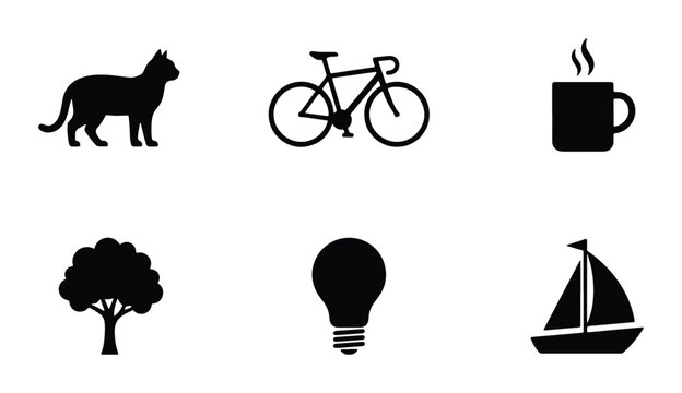 Minimalist black silhouette icon set, 6 lifestyle vector elements including cat, bicycle, coffee mug, tree, lightbulb, and sailboat symbols