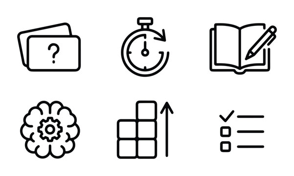 Minimalist education line icons set, 6 learning and productivity vector symbols, black outline study and brain training icons for web design