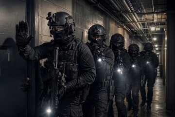 Fototapeta premium Soldiers in black tactical uniform clearing building corridor. Special forces team moving in formation during covert operation. Military group with rifles and night vision
