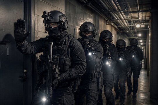 Soldiers in black tactical uniform clearing building corridor. Special forces team moving in formation during covert operation. Military group with rifles and night vision