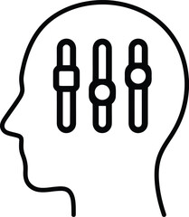 Minimalist vector illustration of a human head profile containing vertical adjustment sliders to represent concepts of self management and mental emotional control. © LOVEU