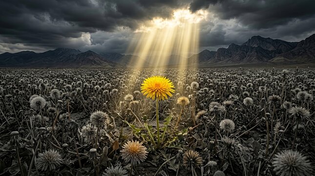 Epic cinematic scene of golden dandelion among withered field under dramatic god rays