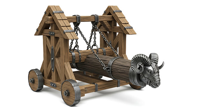 Powerful isolated medieval battering ram, a realistic 3D render of ancient siege warfare