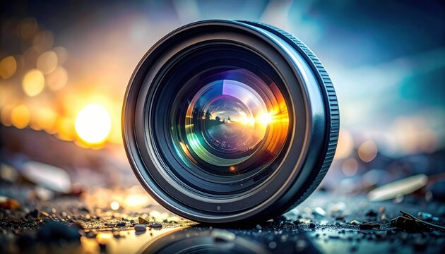 Close-up of a camera lens reflecting vibrant sunset colors and landscape elements, showcasing optical artistry and photographic potential.