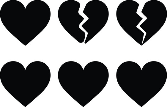 This collection of flat vector heart graphic elements displays various solid shapes and broken icons for professional creative design and digital projects.