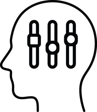 Minimalist vector illustration of a human head profile containing vertical adjustment sliders to represent concepts of self management and mental emotional control.