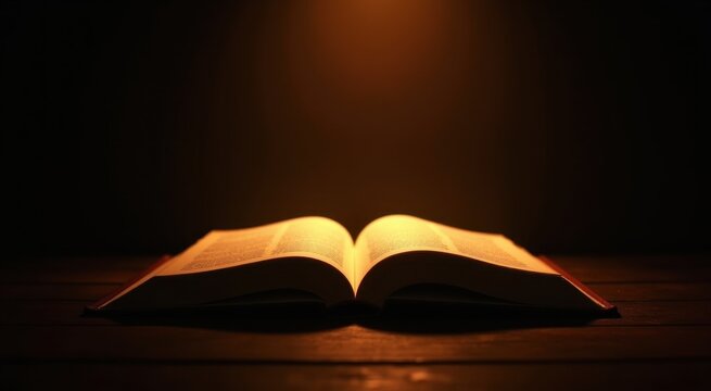An open book sitting on a table with a light shining on it