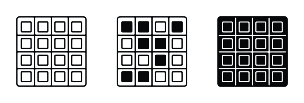 Minimalist grid icon set, geometric square pattern vector, black and white abstract matrix symbols for data visualization and interface design
