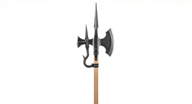 Isolated medieval halberd polearm weapon on white background, historical warfare equipment