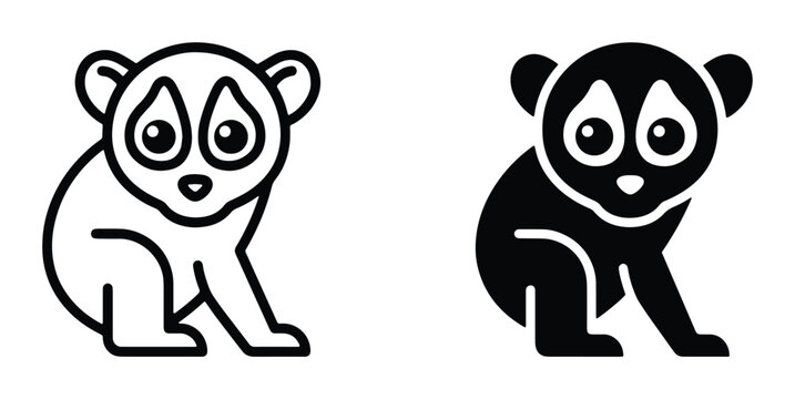 Slow loris vector icon set, cute primate character in outline and solid black styles, exotic animal illustration for wildlife conservation branding
