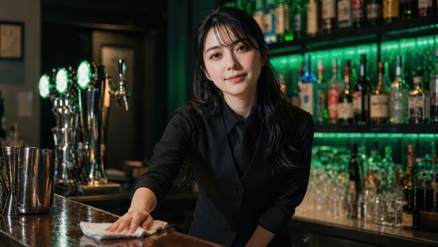 バーカウンターを布巾で拭きながらカメラに微笑むバーテンダー