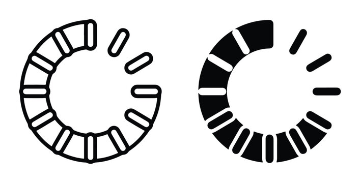 Circular loading progress bar icons, minimalist buffering status indicators, black and white web interface elements for software design