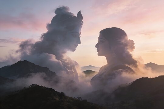 Mist landscape Radha Krishna abstract forms in mountain fog with pastel sunrise tones and spiritual cinematic atmosphere, Lord Krishna and Radha Rani