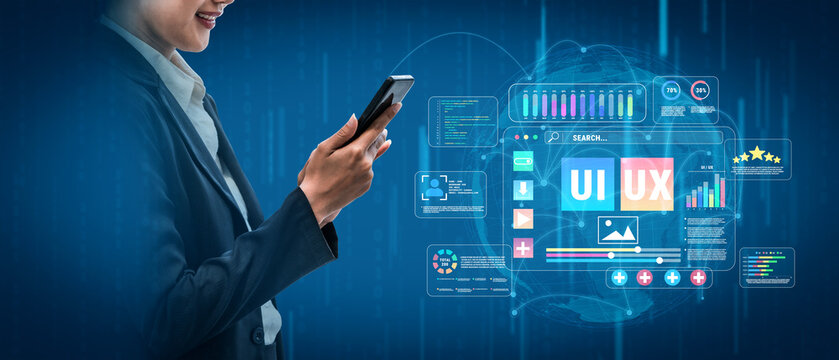 Business professional interacting with mobile device while exploring user interface and user experience concepts in modern digital environment Quark.
