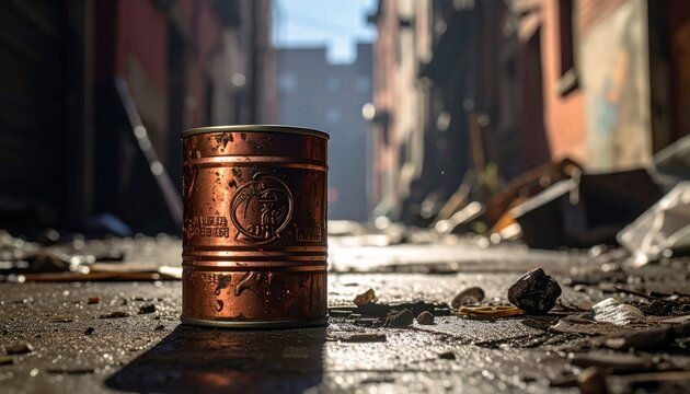 A weathered copper ration tin with a faded insignia sits on the ground of an abandoned street, highlighting the stark remnants of a forgotten time in a desolate urban environment.