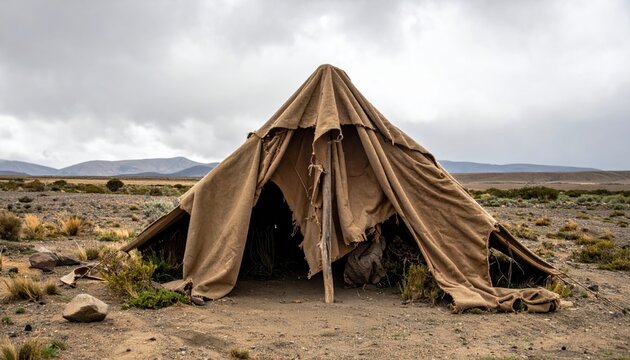 A makeshift shelter made with a frayed brown blanket set up in a barren landscape under a cloudy sky.