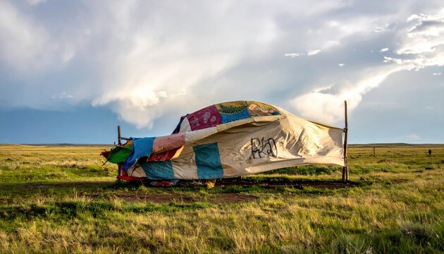 A weather beaten canvas tarpaulin patched with diverse fabric scraps fluttering in the wind over a rustic grassy prairie field under a dramatic and cloudy overcast evening sky.