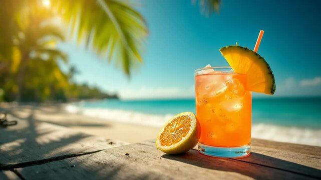 Chilled tropical cocktail with an orange slice and pineapple garnish on a wooden table by the seaside. Sunny beach, turquoise water, and palm trees in the background create a vacation vibe.