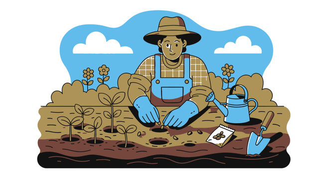 Farmer sowing seeds in field illustration of agricultural work