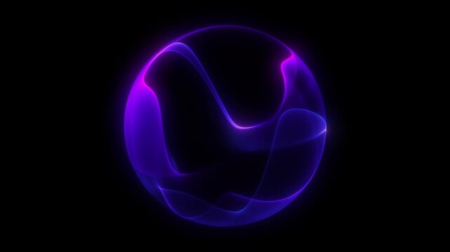 Glowing purple and blue orb structure in dark space. Smooth spherical form with flowing waveform motion. Radiant energy field shaping abstract volume with seamless loop and dynamic futuristic depth
