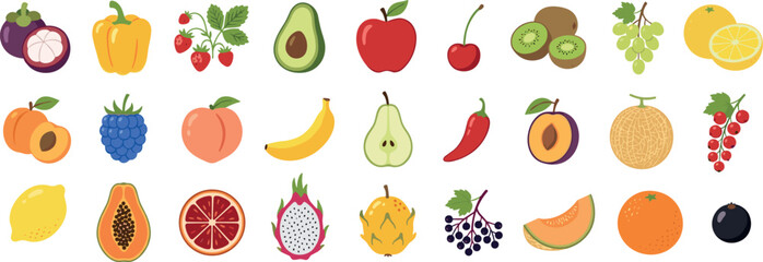 Fresh fruit and berry collection, healthy organic food vector illustration set with tropical and garden fruits on transparent background © Tanya