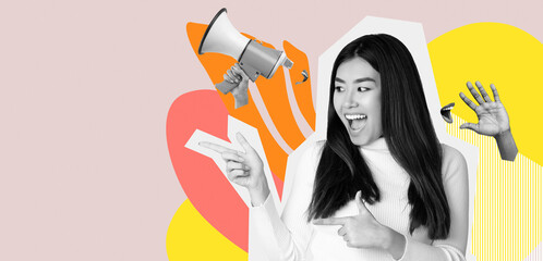 Fototapeta premium A young woman with long dark hair expresses joy by pointing sideways. She is against a bright background of yellow and colorful shapes. Her gesture invites the viewer to enjoy the moment.