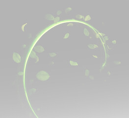 Fototapeta premium Magical leaves arc with radiant stardust and sparkling glow. Dynamic green leaf vortex with shimmering energy waves and flowing wind.