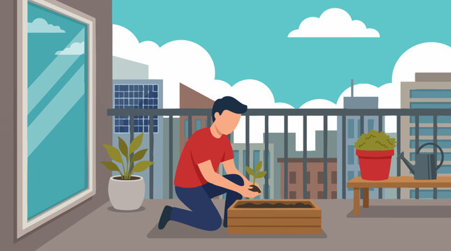 Man planting a seedling on a city balcony, urban gardening illustration
