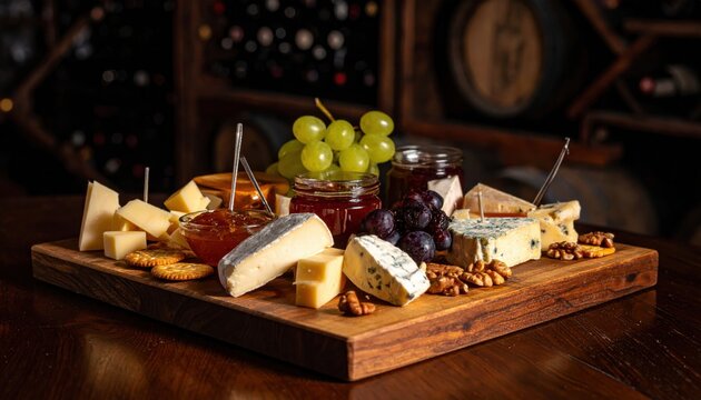 An elegant wooden cheeseboard featuring an assortment of artisanal cheeses, fresh green and black grapes, crunchy crackers, and rich fruit jam in a dimly lit rustic cellar setting.