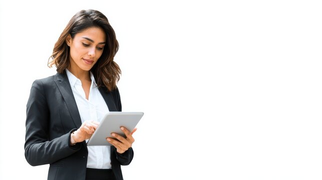 Latin professional woman in business suit, holding tablet, focused on screen, white background, clean realistic style