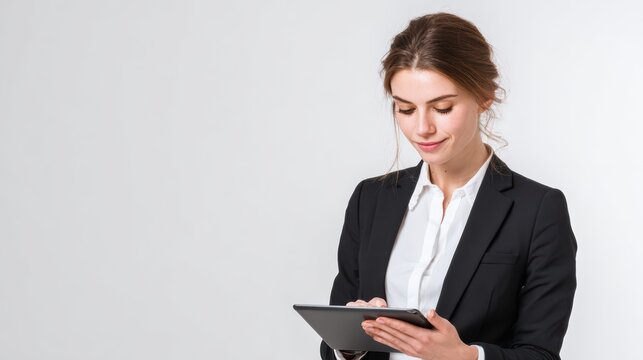 Professional White woman in suit, holding tablet and reviewing data, white background, minimalistic and clean, 8k