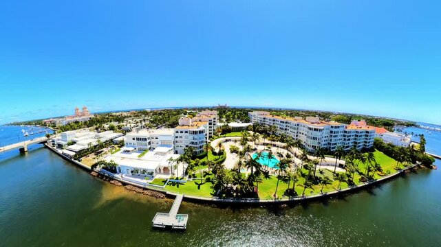 Aerial video coastal condominiums Palm Beach Florida shot with extreme fisheye lens drone