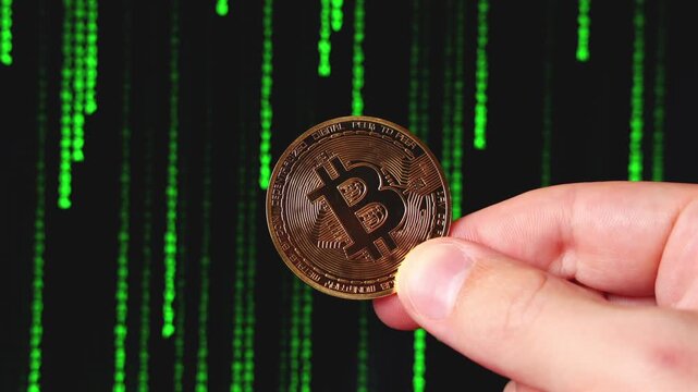 Une pi&egrave;ce Bitcoin tenue par une main, devant un fond de code vert, symbolisant la technologie blockchain, la cybers&eacute;curit&eacute; et l&rsquo;univers des cryptomonnaies.