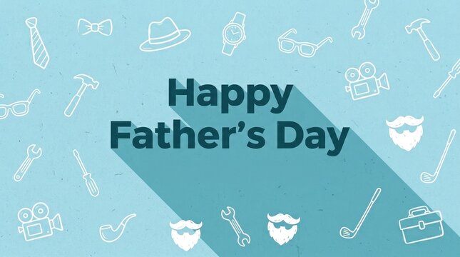Happy fathers day greeting card with fathers day objects like tie hat watch glasses and tools on blue background.