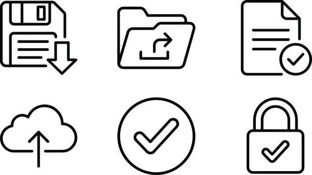 Digital storage, data management, cloud computing, file transfer, secure backup, technology interface, folder export, floppy disk save, document verification, icon set.
