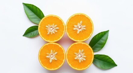 Fototapeta premium Fresh orange slices with green leaves on light backdrop
