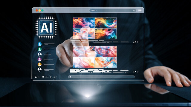 AI platform generating art images with dynamic interface. AI-generated content appears in image gallery artificial intelligence view. Genrative AI loading multiple image from AI design engine. Elide