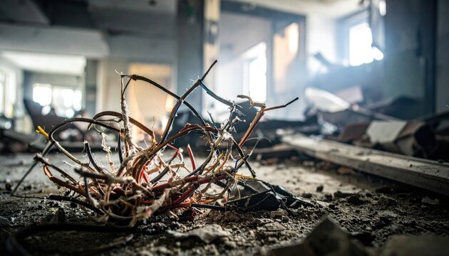 Tangled mass of frayed and exposed electrical wiring amidst debris in a damaged building interior.