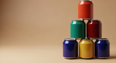 Obraz premium Colorful beverage cans stacked in pyramid formation for product advertising and branding mockups with ample copy space
