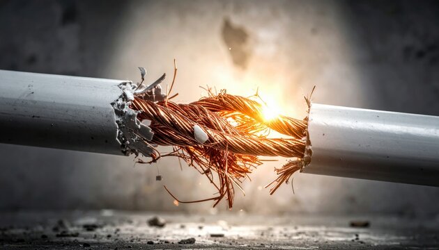 Frayed and damaged copper electrical wiring emerging from broken industrial infrastructure, illustrating a high voltage hazard and critical system failure in a dark urban environment.