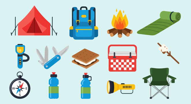 Camping equipment icons on light blue background