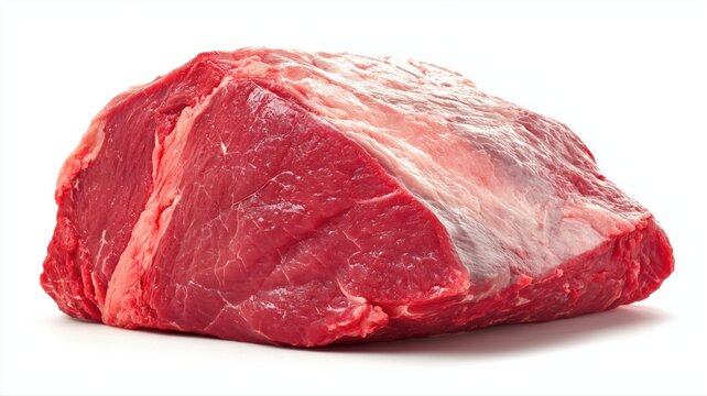 新鮮な赤身の牛肉の塊が白背景に置かれている。料理や食材紹介のシーンで使える肉素材。