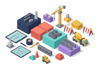 Fototapeta premium Isometric construction elements and blueprints for building projects, representing planning and development.