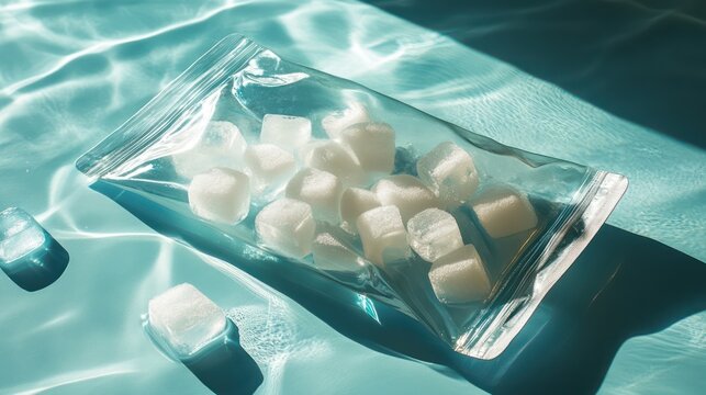 Clear bag of ice cubes on teal water