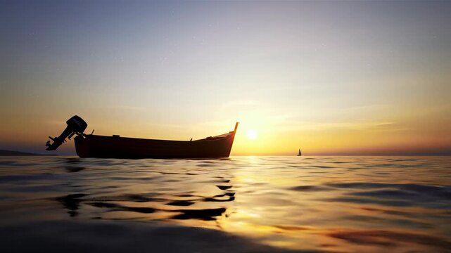 A minimalist fishing boat with outboard motor gently bobs on the vast, serene ocean at dramatic sunset. Slow dolly push-in captures golden light path & sky's vibrant hues. Peaceful ocean beauty