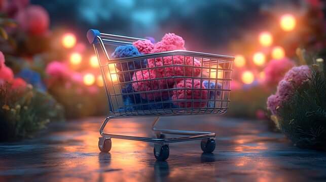 Shopping cart with pink and blue objects